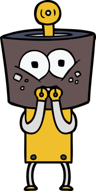 Mutlu çizgi film robotu bir insan tarafından gergin bir şekilde çizilmiş.