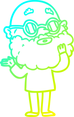 Bir insan tarafından çizilmiş sakallı ve gözlüklü tuhaf bir çizgi film karakteri.