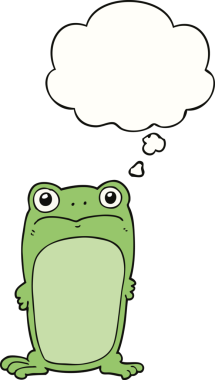 Bir insan tarafından çizilmiş düşünce balonlu kurbağa bakışlı çizgi film.