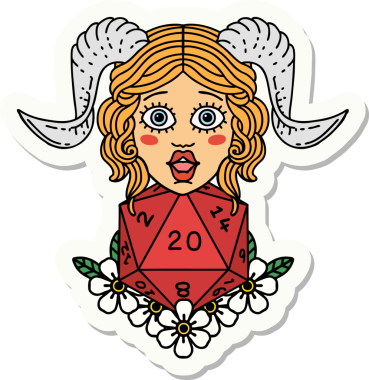 Bir insan tarafından çizilmiş doğal yirmi zarla yapıştırılmış bir etiket.