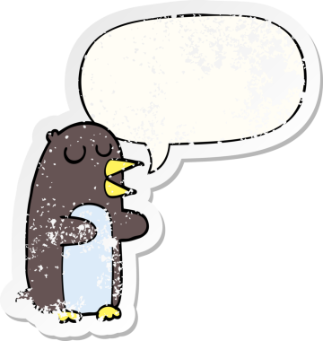 Konuşma baloncuğu olan karikatür pengueni bir insan tarafından çizilmiş sıkıntılı eski bir çıkartma