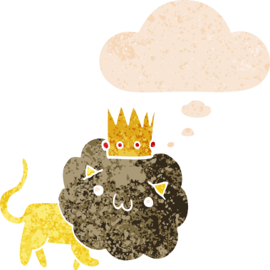 Düşünce baloncuğuyla kaplanmış karikatür aslanı dertli eski moda bir insan tarafından çizilmiş.