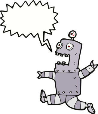 Bir insan tarafından çizilmiş konuşma balonu olan korkmuş robot çizgi film.