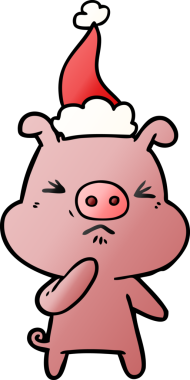 Bir insan tarafından çizilmiş Noel Baba şapkası giymiş kızgın bir domuzun el çizimi karikatürü.