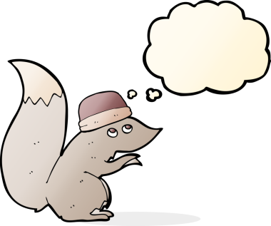 Bir insan tarafından çizilmiş düşünce baloncuklu şapka takan bir sincap.