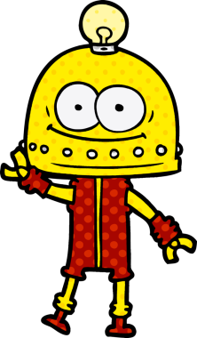 Bir insan tarafından çizilmiş ampullü mutlu karton robot.