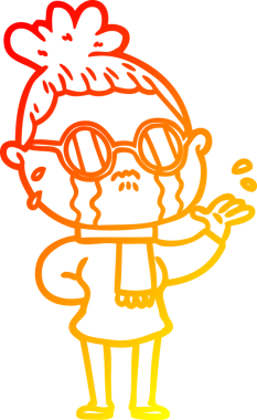 Bir insan tarafından çizilmiş gözlüklü, ağlayan bir kadının çizgi film çizimi.