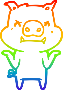 Gökkuşağı gradyan çizgisi kızgın çizgi film domuzu bir insan tarafından çizilmiş omuz silkiyor.