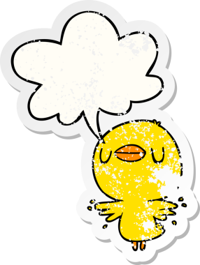 Tatlı çizgi film pilici konuşma baloncuğuyla kanat çırpıyor. Bir insan tarafından çizilmiş sıkıntılı eski bir çıkartma.