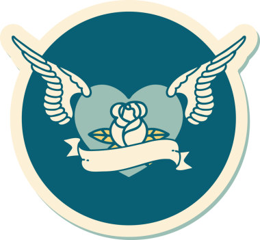 Geleneksel bir dövme stili. Uçan kalp. Çiçekler ve bir insan tarafından çizilmiş bayrak.