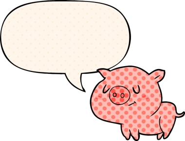 Bir insan tarafından çizilmiş çizgi roman tarzında konuşma balonu olan şirin bir domuz.