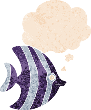 Düşünce baloncuklu karikatür melek balığı bir insan tarafından çizilmiş dertli retro tarzı