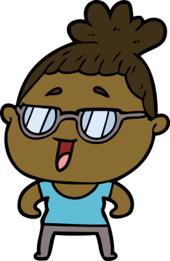 Bir insan tarafından çizilmiş gözlüklü mutlu kadın çizgi filmi.