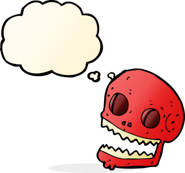 Bir insan tarafından çizilmiş düşünce baloncuklu garip kafatası.