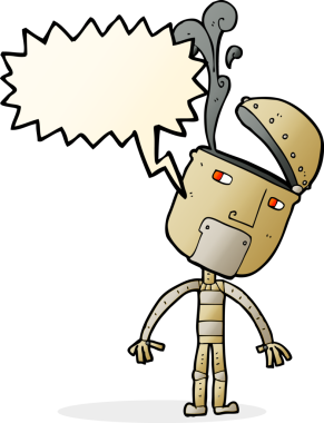 Bir insan tarafından çizilmiş, açık kafalı çizgi film robotu.