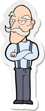 Çizgi film çıkartması. Bir insan tarafından çizilmiş yaşlı bir adam.