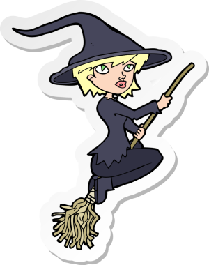 Bir insan tarafından çizilmiş süpürgeye binen bir cadının çıkartması.