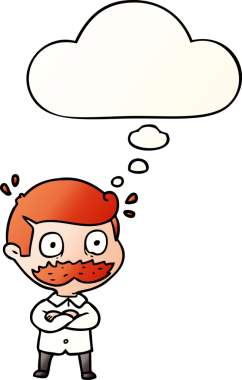 Çizgi filmdeki bıyıklı adam, bir insan tarafından çizilmiş yumuşak eğimli düşünce baloncuğuyla şok oldu.