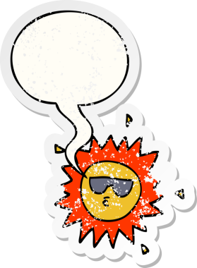 Konuşma baloncuğu olan karikatür güneşi bir insan tarafından çizilmiş sıkıntılı eski bir çıkartma