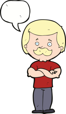 Bir insan tarafından çizilmiş konuşma baloncuğu olan erkek bıyıklı çizgi film adamı.