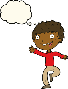 Bir insan tarafından çizilmiş düşünce baloncuğu olan heyecanlı çocuk.