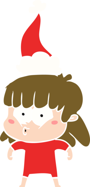 Bir insan tarafından çizilmiş Noel Baba şapkası giyen, ıslık çalan bir kızın düz renkli çizimi.