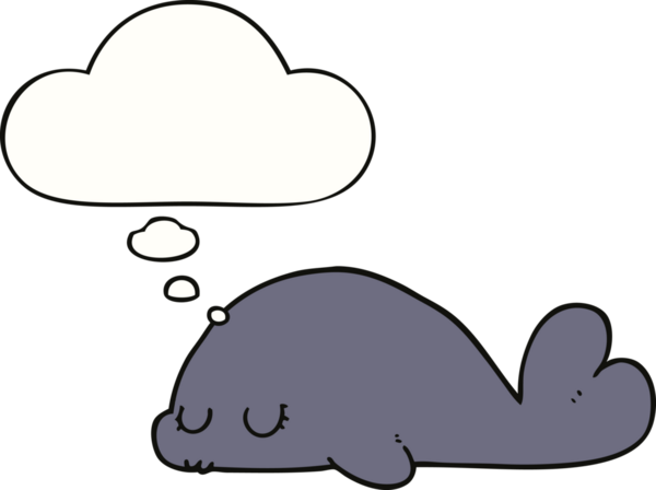Bir insan tarafından çizilmiş düşünce baloncuklu şirin fok.