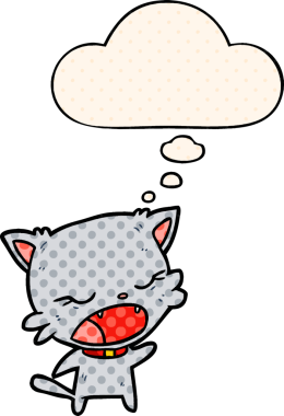 Çizgi roman tarzında bir insan tarafından çizilmiş düşünce baloncuğuyla konuşan çizgi film kedisi.