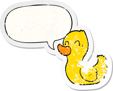 Çizgi film ördeği konuşma baloncuğu ile sıkıntılı eski bir çıkartma bir insan tarafından çizilmiş