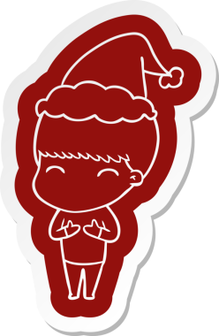 Bir insan tarafından çizilmiş Noel Baba şapkası giyen bir çocuğun komik çizgi film çıkartması.