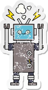 Bir insan tarafından çizilmiş sevimli bir robot çizgi film çıkartması.
