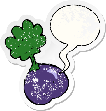 Konuşma baloncuğu olan karikatür sebzesi bir insan tarafından çizilmiş sıkıntılı eski bir çıkartma