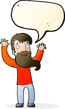 Bir insan tarafından çizilmiş sakallı, heyecanlı bir karikatür.