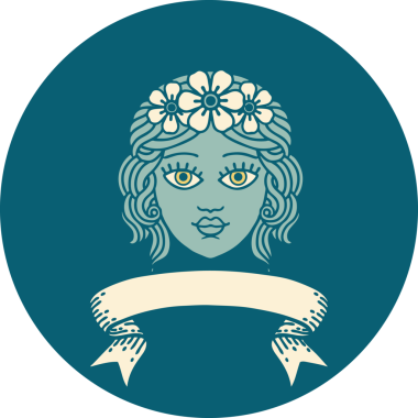 Bir insan tarafından çizilmiş çiçek taçlı bir bakirenin bayrağıyla dövme stili simgesi