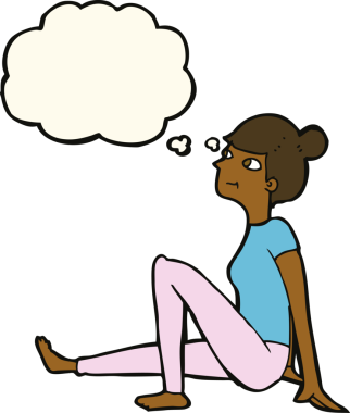 Bir insan tarafından çizilmiş düşünce baloncuğuyla oturan çizgi film kadını.