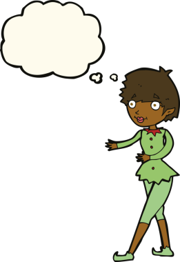 Bir insan tarafından çizilmiş düşünce balonlu Noel Elf kadını.