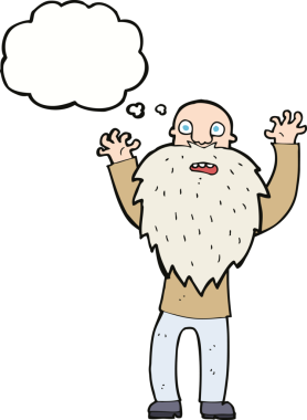 Bir insan tarafından çizilmiş düşünce baloncuklu sakallı korkak yaşlı adam.