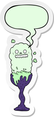 Bir insan tarafından çizilmiş konuşma baloncuğu etiketli karikatürlü Cadılar Bayramı iksiri bardağı.