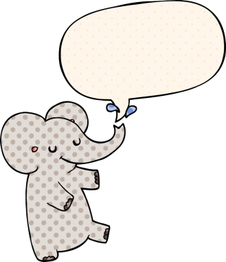 Bir insan tarafından çizilmiş çizgi roman tarzında konuşma balonu olan dans eden fil.