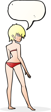 Bir insan tarafından çizilmiş konuşma balonu olan bikinili bir kadın.