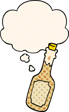 Çizgi roman tarzında bir insan tarafından çizilmiş düşünce baloncuklu bira şişesi.
