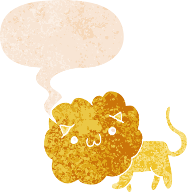 bir insan tarafından çizilmiş grunge sıkıntılı retro stili konuşma baloncuğu ile çizgi film aslanı