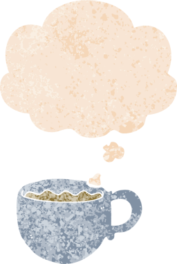 Düşünce baloncuklu çizgi film kahve fincanı grunge sıkıntılı retro dokuma tarzı bir insan tarafından çizilmiş