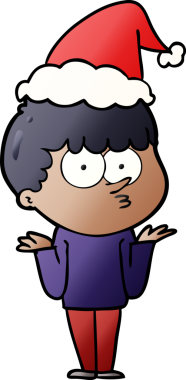 Bir insanın çizdiği Noel Baba şapkasıyla omuzlarını silken meraklı bir çocuğun el çizimi karikatürü.