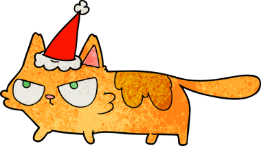 Bir insan tarafından çizilmiş Noel Baba şapkası takan kızgın bir kedinin el çizimi karikatürü.