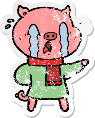 Bir insan tarafından çizilmiş insan kıyafetleri giymiş ağlayan bir domuz çizgi filminin sıkıntılı çıkartması.