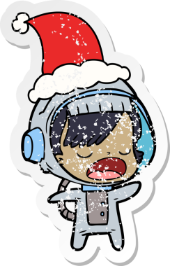 Bir insan tarafından çizilmiş Noel Baba şapkası giyen konuşan astronot bir kadının sıkıntılı çıkartması.