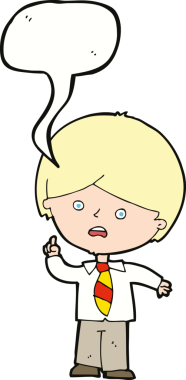 Çizgi film endişeli okul çocuğu bir insan tarafından çizilmiş konuşma balonuyla el kaldırıyor.