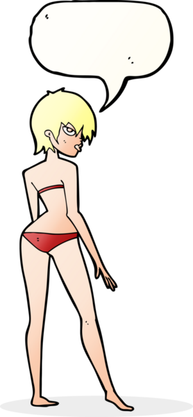 Bir insan tarafından çizilmiş konuşma balonu olan bikinili bir kadın.