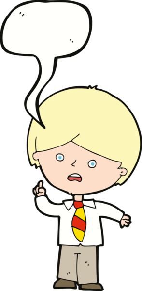 Çizgi film endişeli okul çocuğu bir insan tarafından çizilmiş konuşma balonuyla el kaldırıyor.